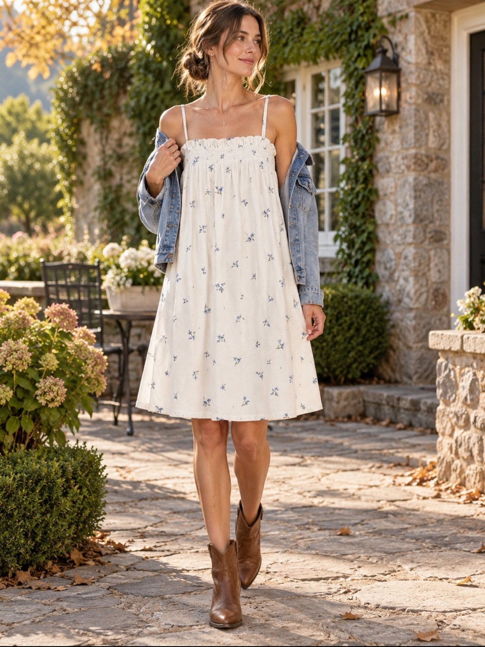 H&M Cream Blue Ditsy Floral Smocked Cotton Sundress XS